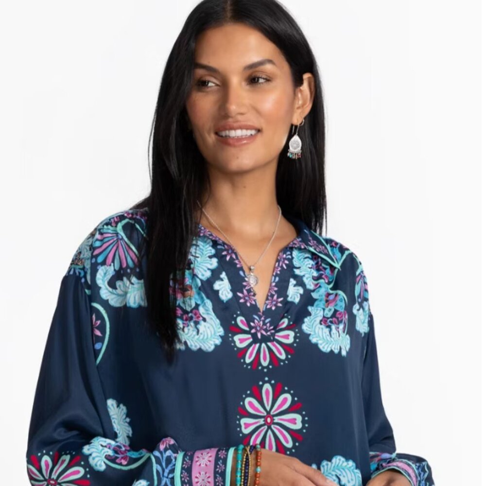 Johnny Was Jade Midnight Blue Top with Flower Details